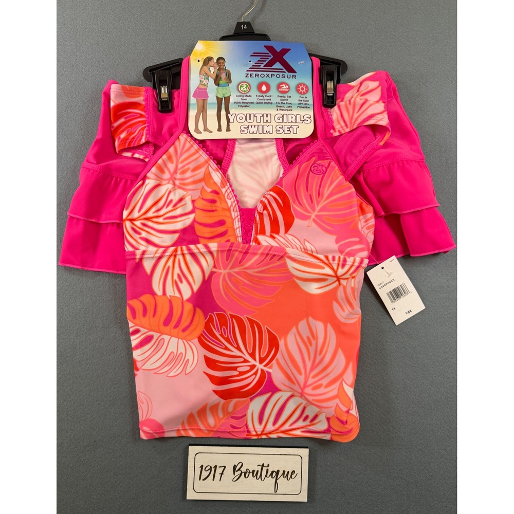 ZeroXposur Youth Girls Size 14 Swim Set 3pc Tankini Skirt Lovepunch Pink Orange